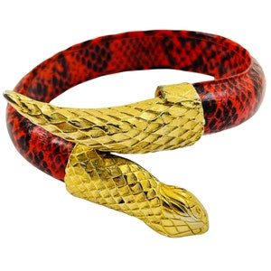 Vintage gold snake faux red black leather bangle bracelet