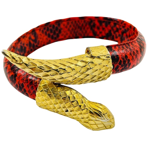 Vintage Gold Snake Faux Red Black Leather Bangle Bracelet - Etsy display picture 3
