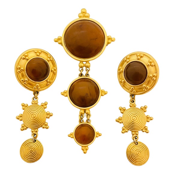 Vintage LIZ CLAIBORNE Etruscan gold cabochons des… - image 1