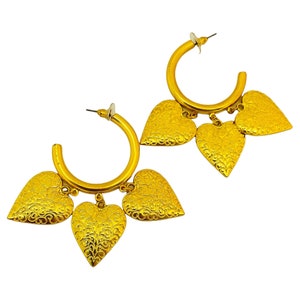 Vintage huge gold dangle heart charms designer runway earrings