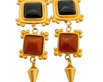 Vintage oro vetro etrusco onice corniola designer sfilata clip su orecchini