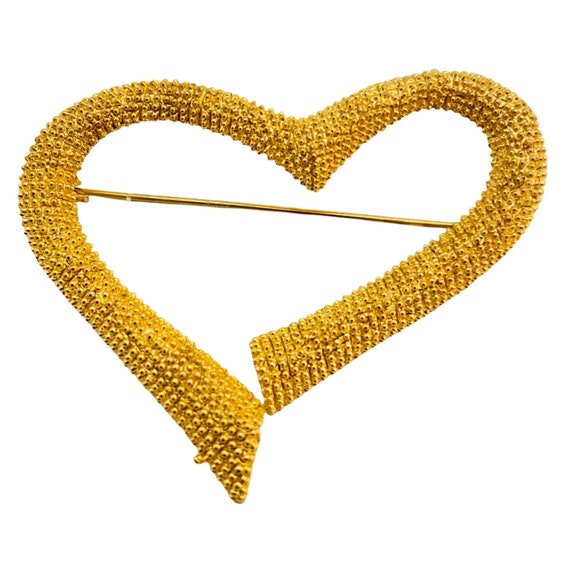 Vintage gold textured heart designer runway brooch - image 1