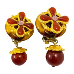 Vintage gold glass carnelian Maltese cross dangle cabochons designer runway clip on earrings