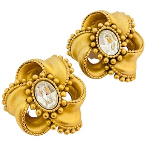 Vintage DKNY DONNA KARAN gold glass flower designer runway clip on earrings