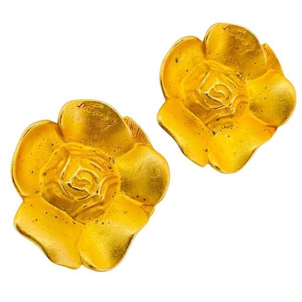 Vintage KENZO signed matte gold flower designer clip on earrings