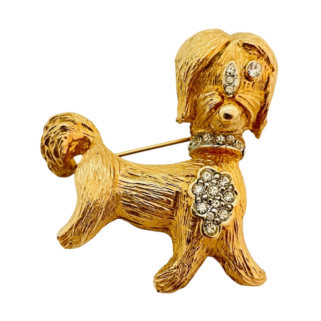Broche Chien Vintage GEOU LIH Avec Strass - Métal Doré - Occasion Et Unique