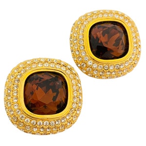 Vintage gold amber glass rhinestone designer runway clip on earrings