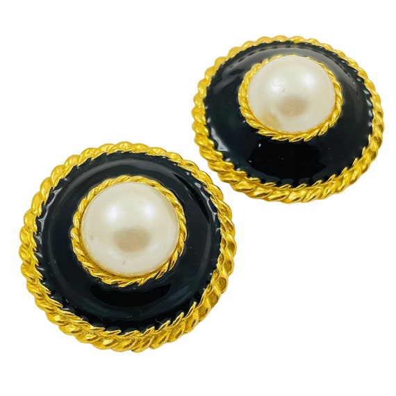 Vintage Chanel Black Resin with Gold Tone Dots and Pearl Earrings