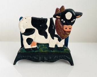 Vintage Cast Iron Hand Painted Cow and Fence Napkin Holder