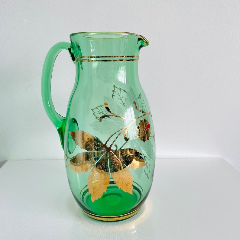 Vintage Green Glass Jug Etched Glass Cocktails Juice Etsy