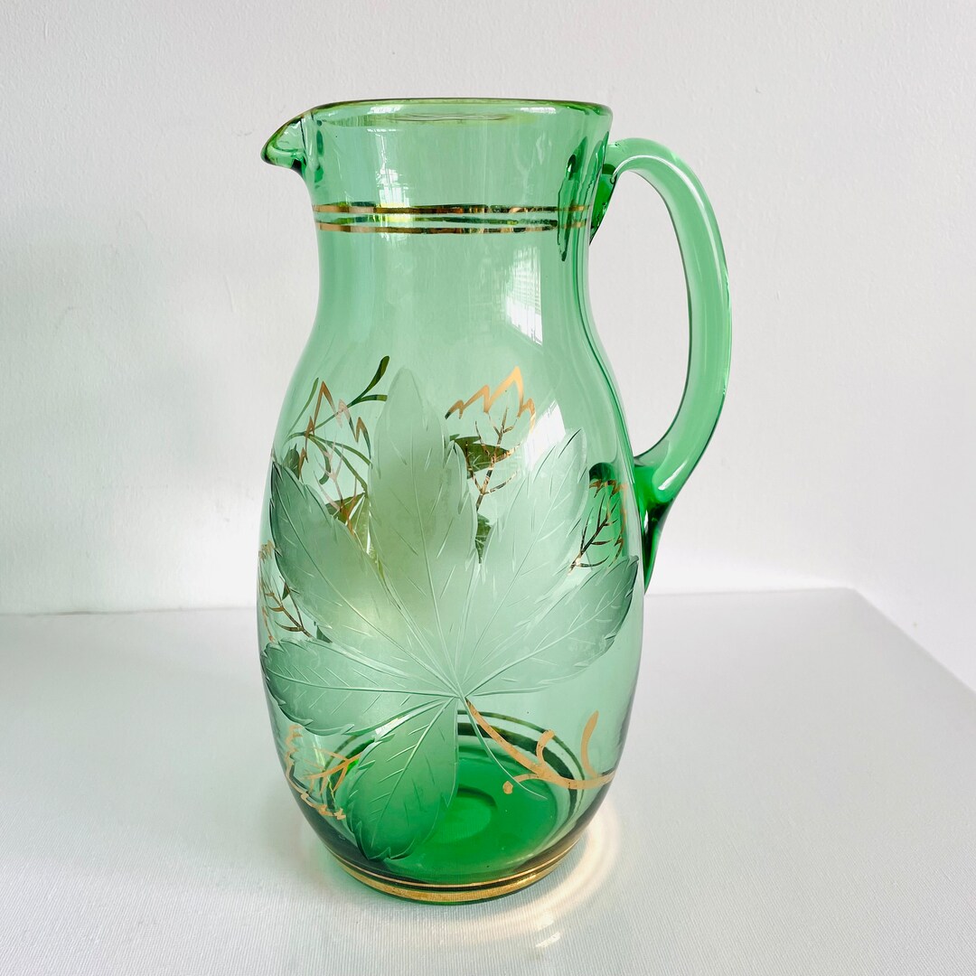 Vintage Green Glass Jug, Etched Glass Cocktails, Juice, Lemonade, Water