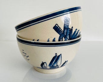 Pair of Vintage Delft Blue Pottery Vintage Glazed Bowl Boats Windmills Ceramic Netherlands Vintage Home Decor Gift Idea