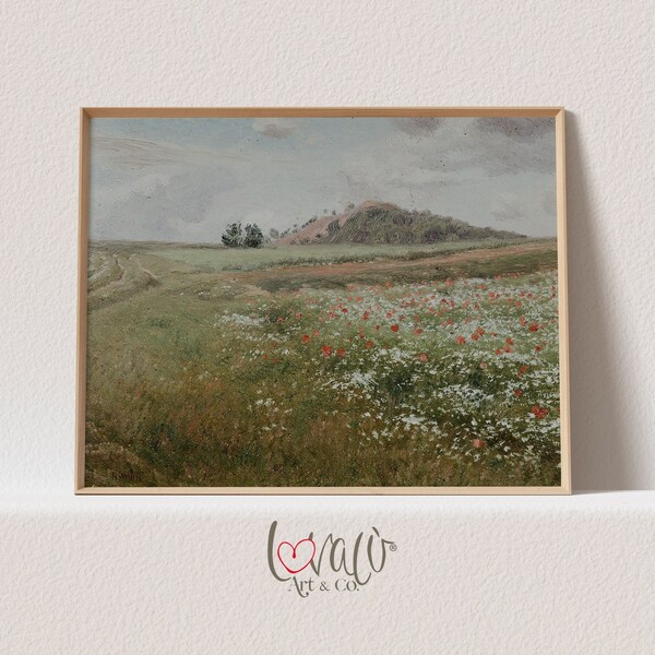 Vintage art meadow with poppies Oil Painting, Landscape Scene Painting, Country Farmhouse Art Print - PRINTABLE Digital Download | LA_135