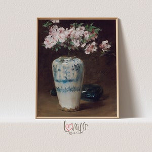 STAMPABILE vaso blu con fiori rosa natura morta dipinto / Arte murale antica scura e malinconica stampabile / Download digitale LA_155