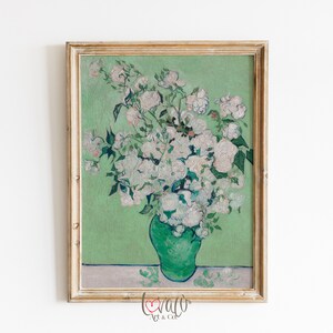 Vintage Country Cottage Green Vase with white flowers Wall | Summer Landscape Painting Roses Still Life | Digital Download LA_162