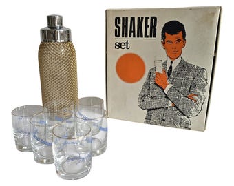 Vintage MCM chrom brass and Bohemian glass Cocktail Shaker Set: 6 Glasses, Original Box, Czechoslovakia 80s