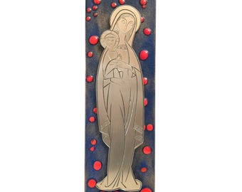 Vintage Rare Mid Century Modern Delightful Fat Lava Ceramic Wall Plaque of Mary and Child,  German Studio Pottery Relief