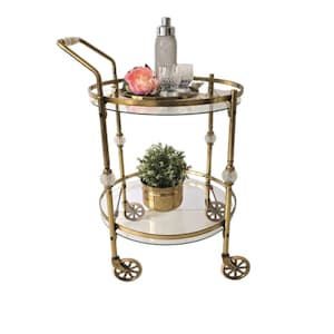 Delicious rare round Vintage Hollywood Regency brass/glass BAR CART