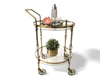 Delicious rare round Vintage Hollywood Regency brass/glass BAR CART