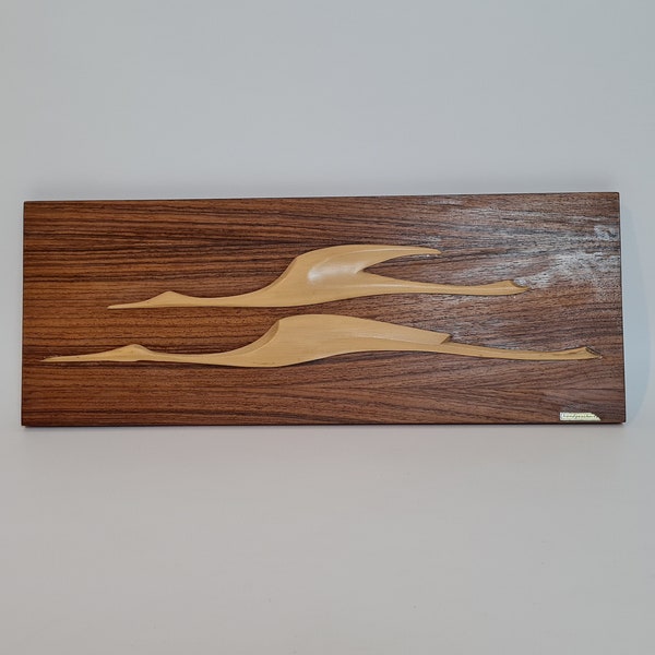 Vintage Mid Century Modern wall wooden panel with a pair of herons Hand made Handgeschnitzt 60s