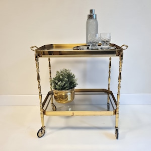 Vintage Hollywood Regency brass/smoked glass BAR CART with removable tray 1960s ITALY