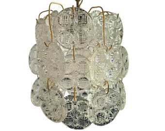 Vintage Mid Century Modern Brass and Pressed Glass Chandelier, Czechoslovakia 1970s