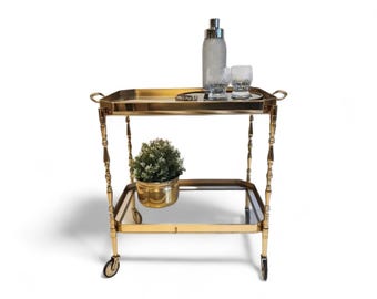 Vintage Hollywood Regency brass/smoked glass BAR CART with removable tray 1960s ITALY