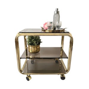 Vintage Hollywood Regency brass/smoked glass BAR CART