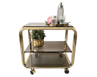 Vintage Hollywood Regency brass/smoked glass BAR CART