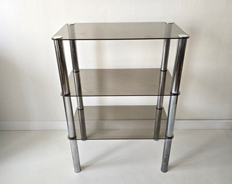 Vintage Mid Century Modern Chrome and smoky glasses rack or Hifi table. Heavy and strong construction.