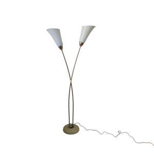 Vintage MCM Floor lamp with ceramic base brass and two milky white glass shades, Kamenicky Senov, Czechoslovakia, 1970s.
