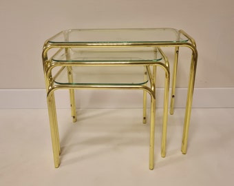 Vintage Mid Century Modern brass and glass Nesting Table Set of 3