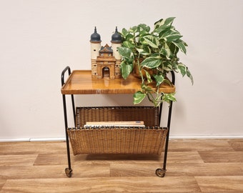 Vintage Mid Century Modern trolley table with basket for magazines MCM wheels Bar Cart made of iron and rattange braid