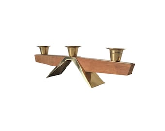 Vintage Mid Century modern wooden brass three-candle candlestick 60s