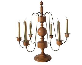 Vintage Mid Century modern Candle Holder retro Erzgebirge Six-Arm Wooden Candelabrum with Brass Arms