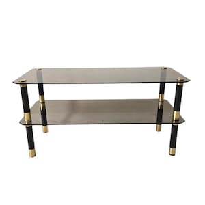 Vintage Mid century modern elegant heavy wooden with brass table with smoky glasses
