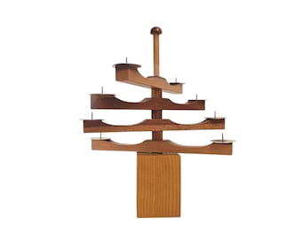 Vintage Mid Century Modern transforming wooden candlestick with aluminum bowls 60s