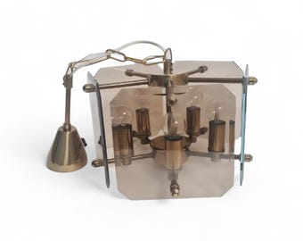 Vintage Mid Century Modern ceiling smoky glass and brass chandelier 80s
