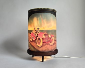 Vintage Mid Century Modern Motion table Lamp with scenes of retro cars 50s