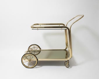 Vintage Brass Bar Cart with Glass Shelves, Mid Century Modern Serving Trolley, Hollywood Regency Drinks Cart MCM