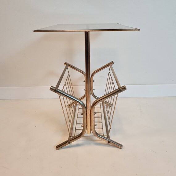 Vintage Mid Century Modern Brass and Glass Table With Basket