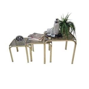 Vintage Mid Century Modern brass and smoky glass Nesting Table Set of 3 Made in Italy