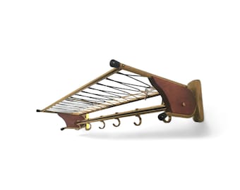 Vintage Mid-Century Modern Brass and Walnut Wall Coat Rack with 6 Adjustable Hooks 50s