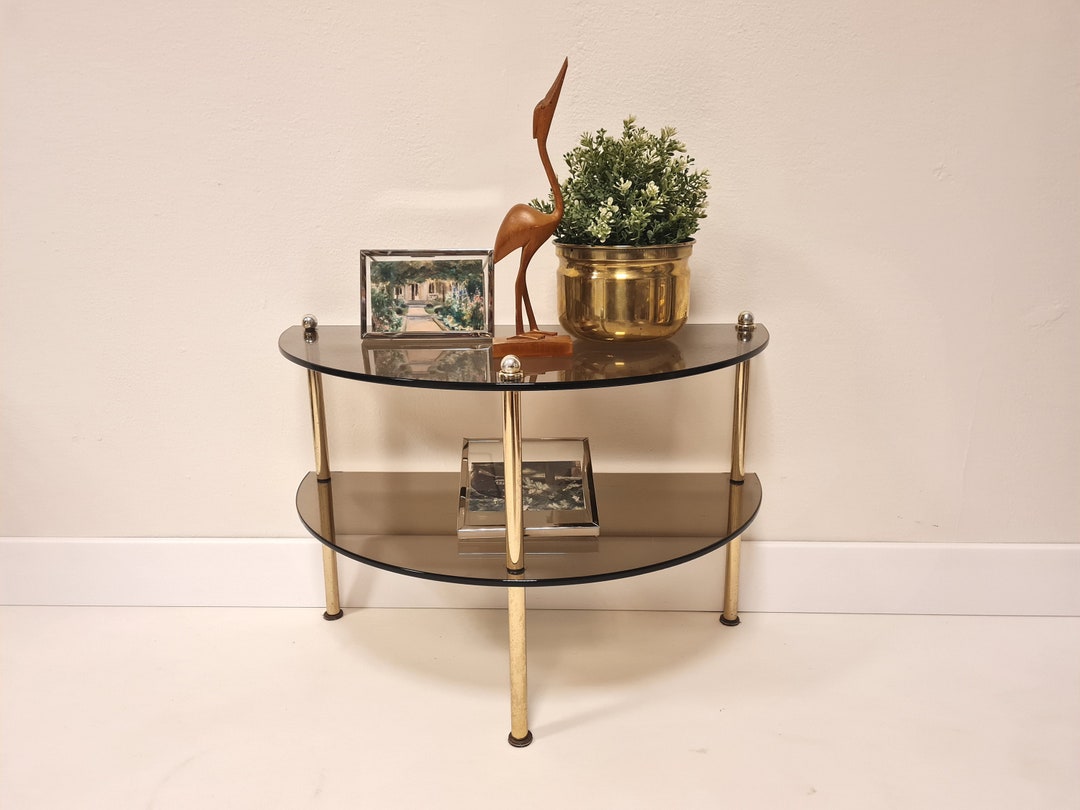 Vintage Hollywood Regency Semicircular Table Gold Brass and Smoked ...