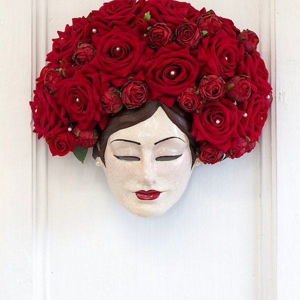 Valentine's Day mask. Home furnishing. Art at home. Mask in love. Original Venetian paper mache mask. Red roses. Love. Love.