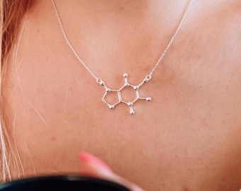 Colar de molécula de cafeína em prata esterlina, joia científica, presente para amantes de café