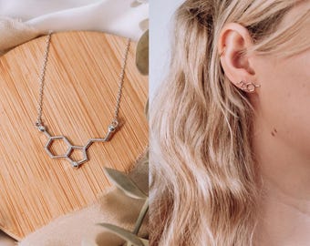 Sterling Silver Serotonin Molecule Necklace and Earring Set, Science Gift
