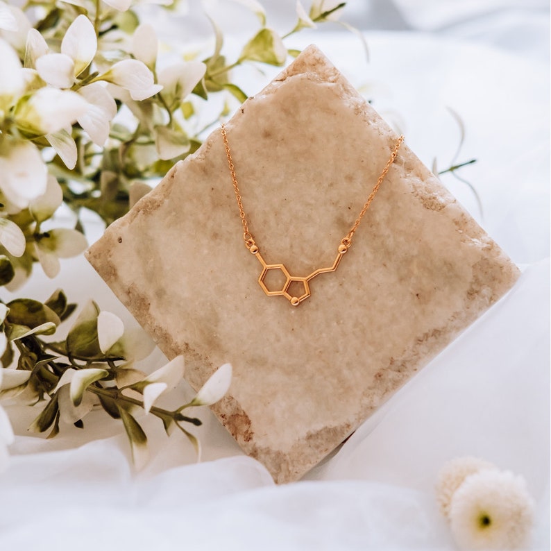 Gold Serotonin molecule Necklace, Gift for science teacher, Gift for biology teacher, Gift for science student,Gift for best friend image 4