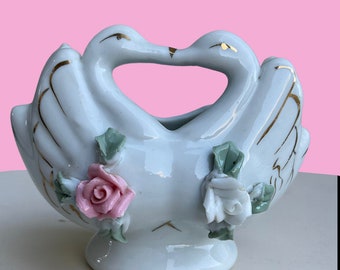 Vintage Swan Vase Trinket dish  Planter White Pink Heart White Porcelain