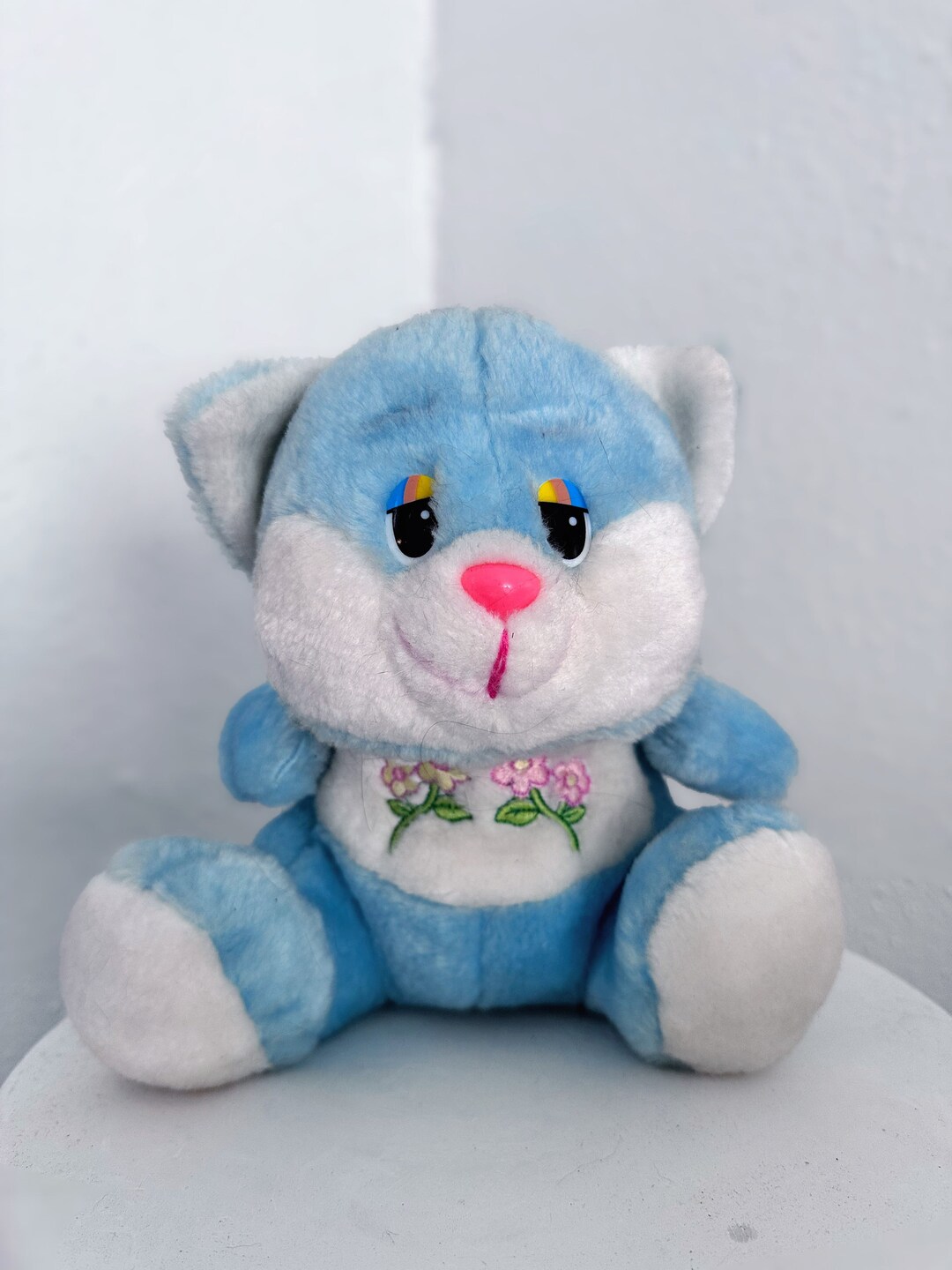 Vintage Cat Plushy Stuffed Animal Blue Rainbow Eyelids Etsy